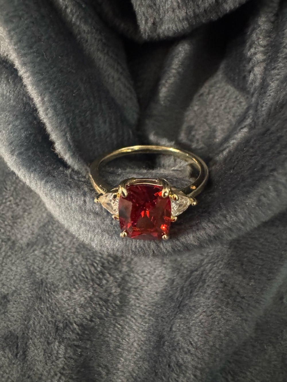 Gold plated Ring with Red Cushion-Cut Center and Side Stones